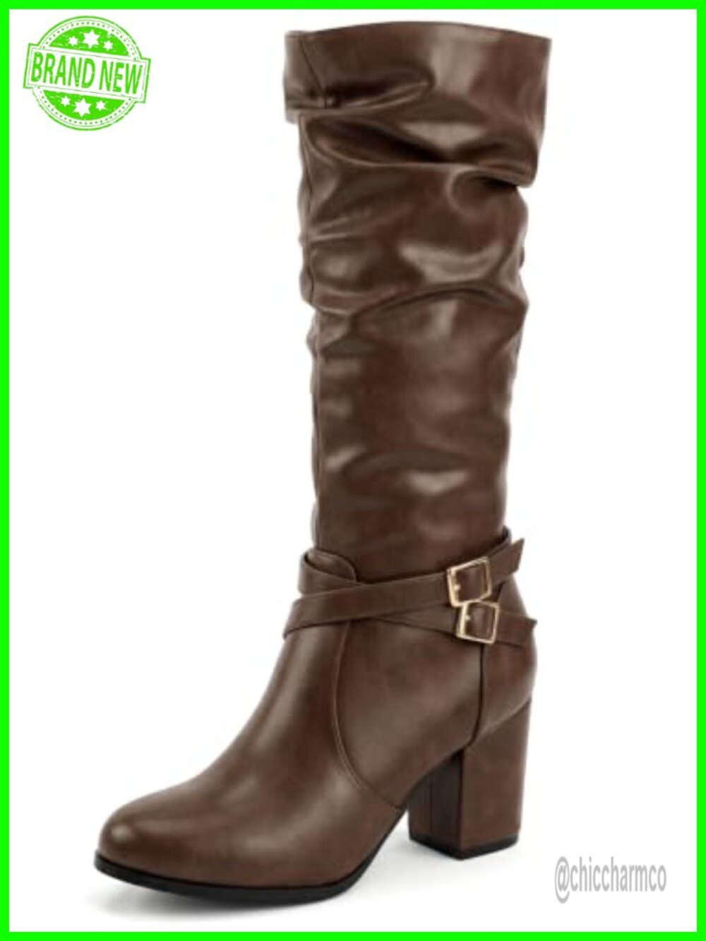 Faux Leather Slouch Knee High Biker Boots Chunky Block Heel Zip